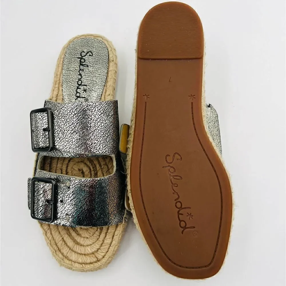 Splendid Blake Buckle Slide Nickel Metallic Crackle Leather Espadrilles  Size 7